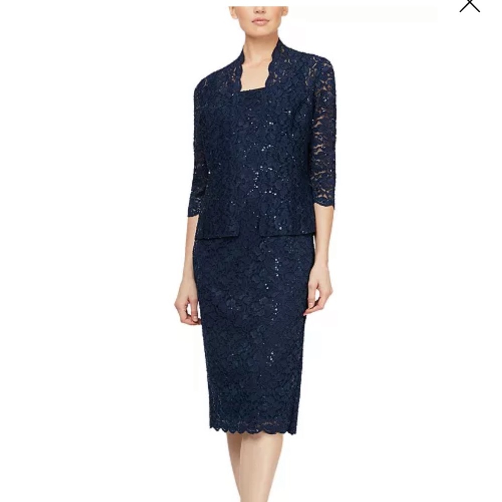 Navy blue floral lace sparkle midi dress with lace cardigan set never worn